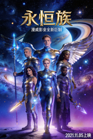 电影《永恒族》海报，展示超级英雄团队与宇宙背景
